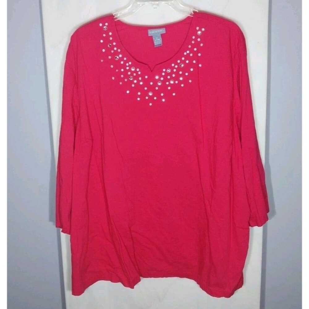 Liz & Me 5X Plus Pink Rhinestone Tunic Top Lightweight Semi Sheer 100% Cotton